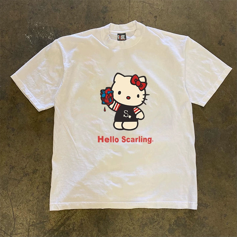 Cartoon Cat Couple Short Sleeve T-Shirt in Hong Kong Style