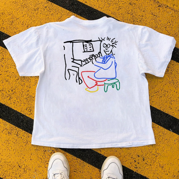 Whimsical Piano Illustration on White Cotton T-Shirt