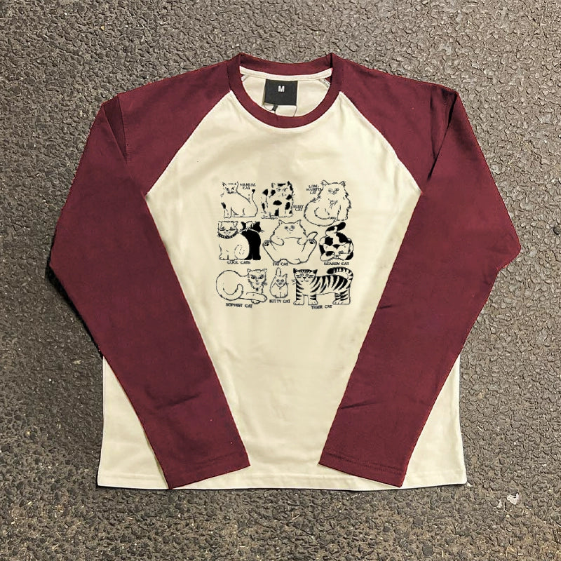 Charming Vintage Cat Graphic College Style Long Sleeve T-Shirt