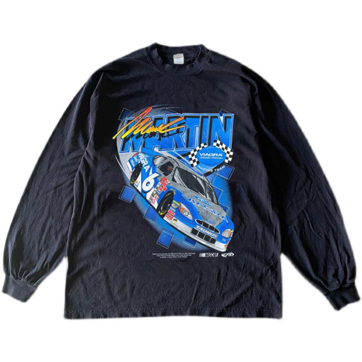 Vintage Racing Poster Graphic Long Sleeve Cotton T-Shirt