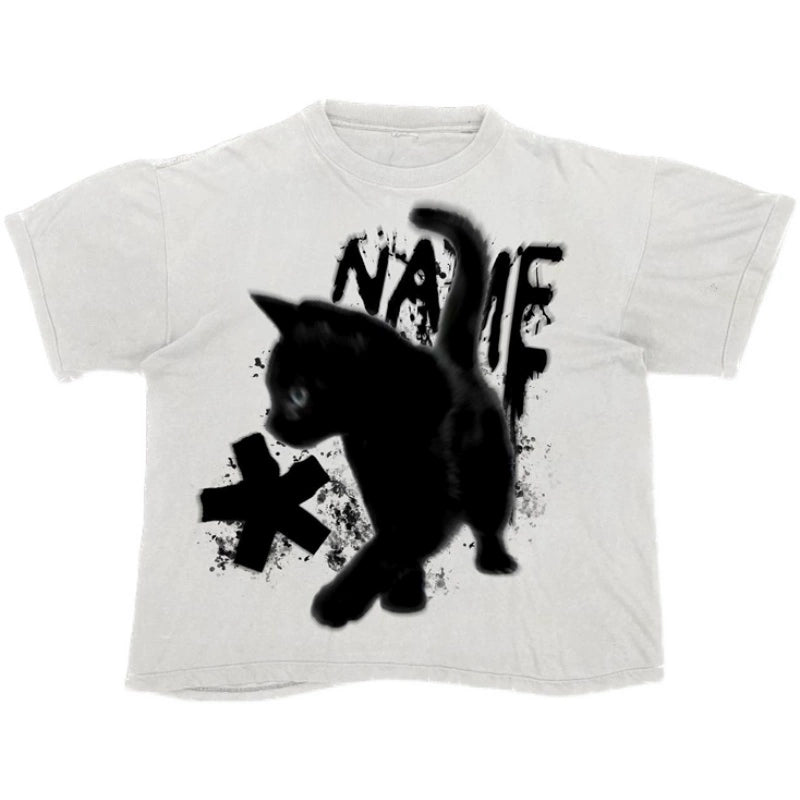 Whimsical Cat Illustration Cotton Tee