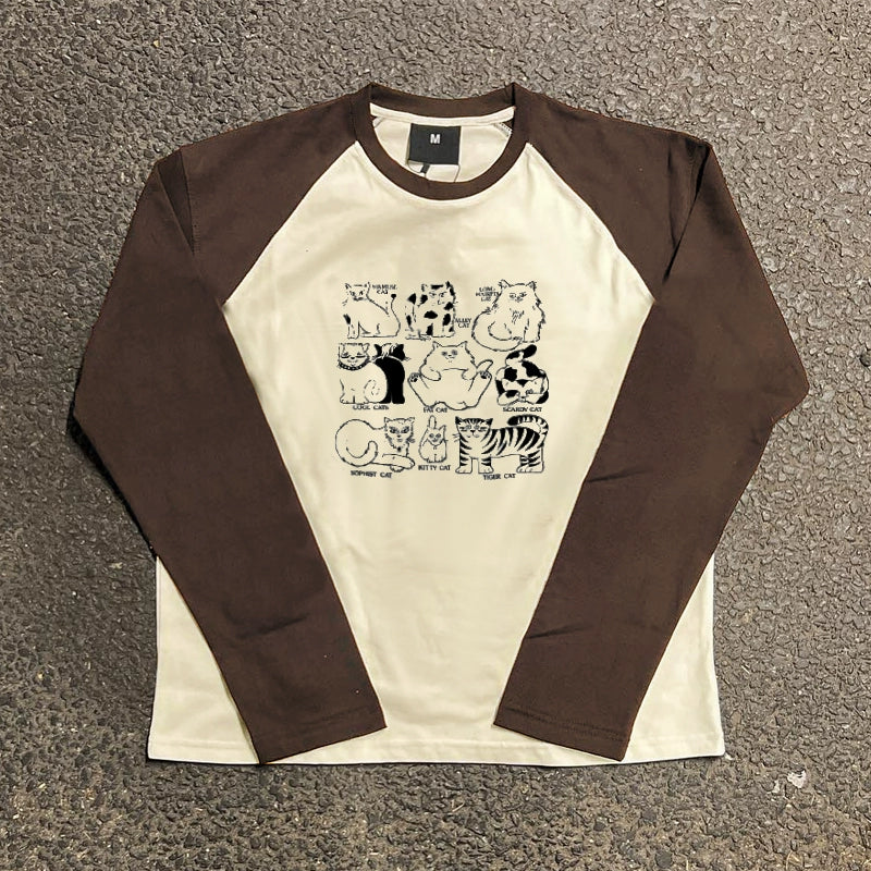 Charming Vintage Cat Graphic College Style Long Sleeve T-Shirt