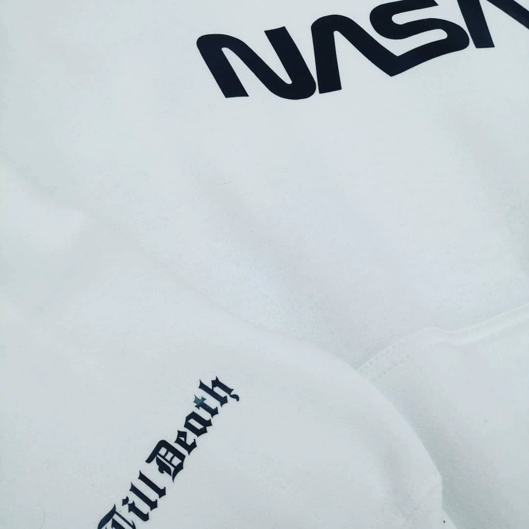 NASA-Inspired White Hoodie with Bold Street Style Design