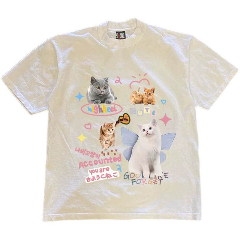 Cute Cat Design Heavyweight T-Shirt in Hong Kong Style