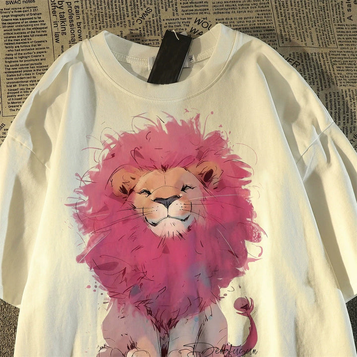 Retro Pink Lion Graphic Cotton T-Shirt