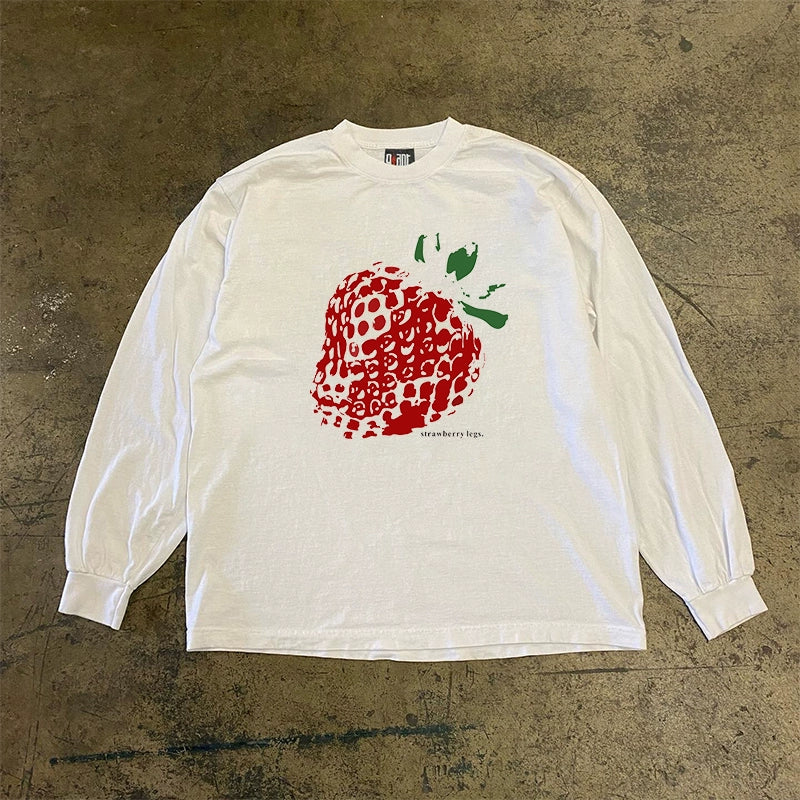 Graffiti Strawberry Vintage American Cotton Long-Sleeved T-Shirt