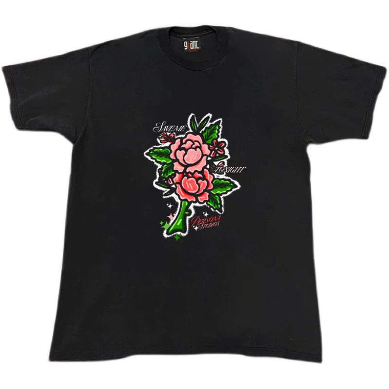 Heavy Impermeable Two Roses Printed Short Sleeve T-Shirt