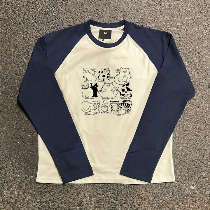 Charming Vintage Cat Graphic College Style Long Sleeve T-Shirt