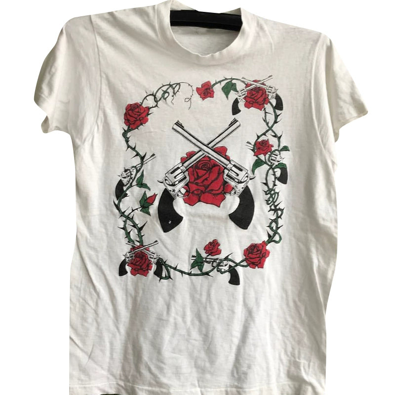 Vintage Rose Print T-Shirt with Gun Flower Design