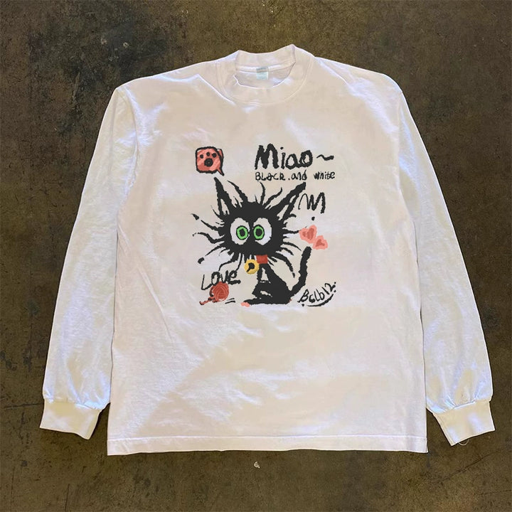 Cat Illustration College Style Long Sleeve Tee