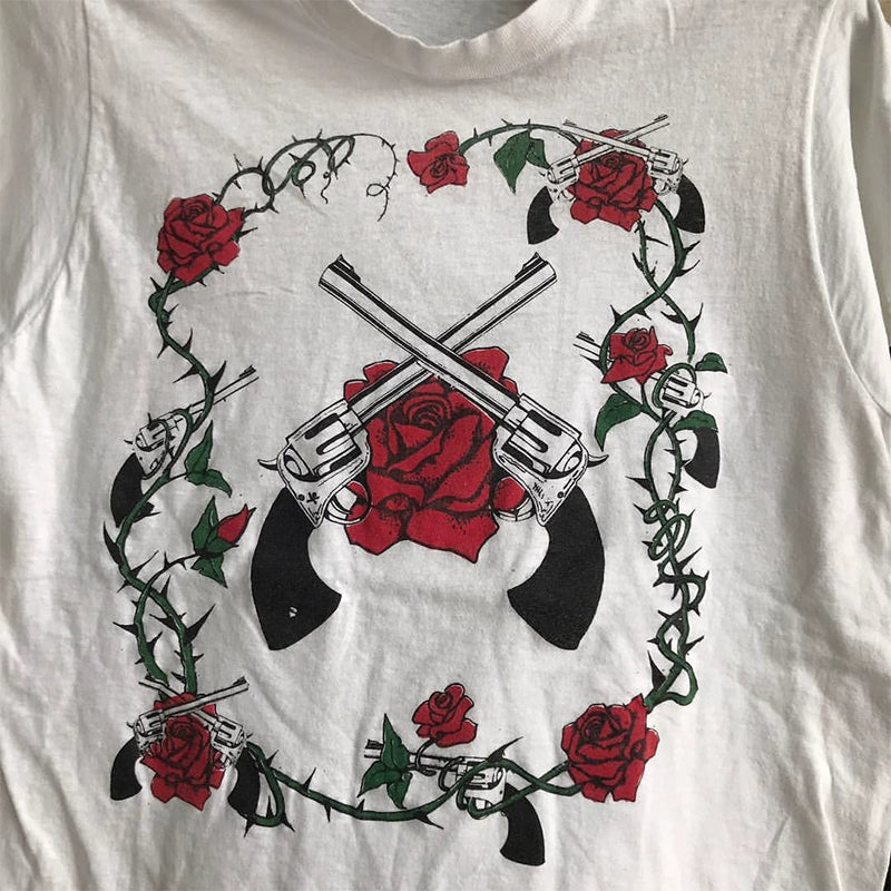 Vintage Rose Print T-Shirt with Gun Flower Design