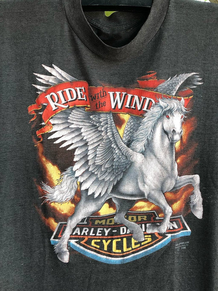 Retro Biker Style Pegasus Graphic Heavy Cotton T-Shirt