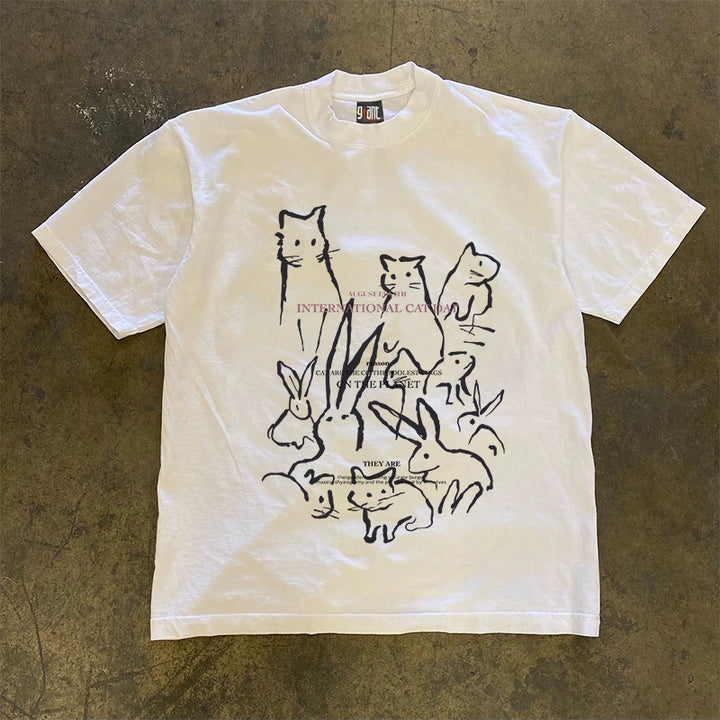 Niche Hong Kong Style Rabbit and Rat Couple Short Sleeve T-Shirt