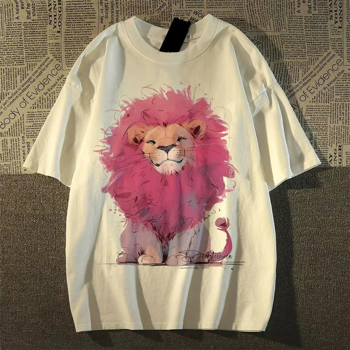 Retro Pink Lion Graphic Cotton T-Shirt