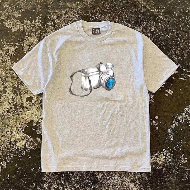 Retro Hand-Drawn Camera Print Cotton T-Shirt