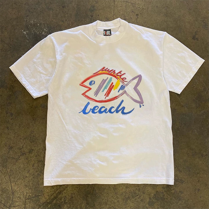 Heavy Opaque Fish Letter Short Sleeve T-Shirt