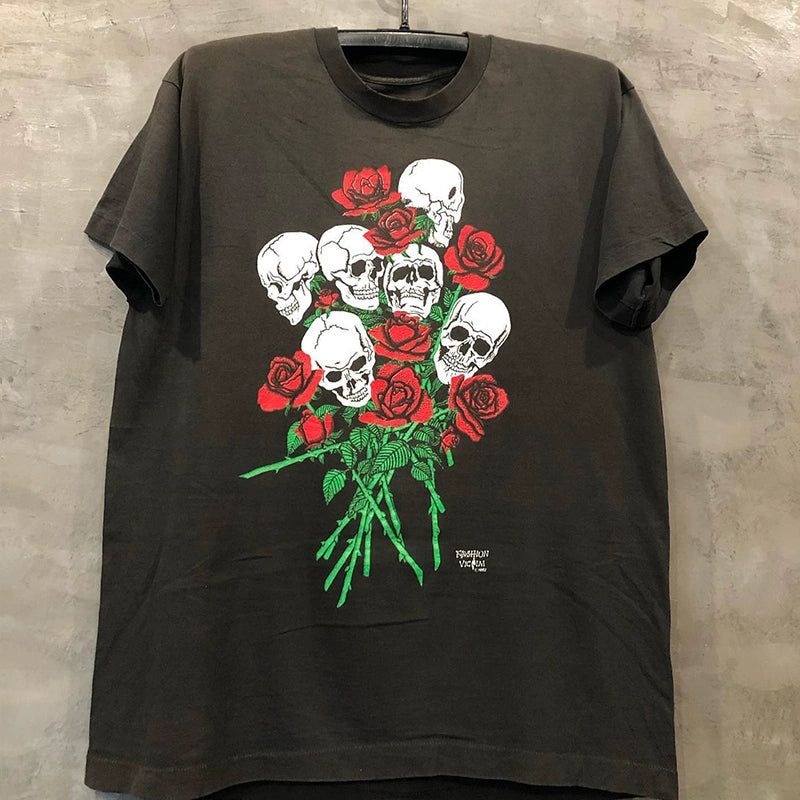 Vintage Skull & Rose Floral Graphic T-Shirt