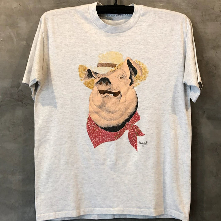 Vintage Cartoon Pig Head Crew Neck T-Shirt