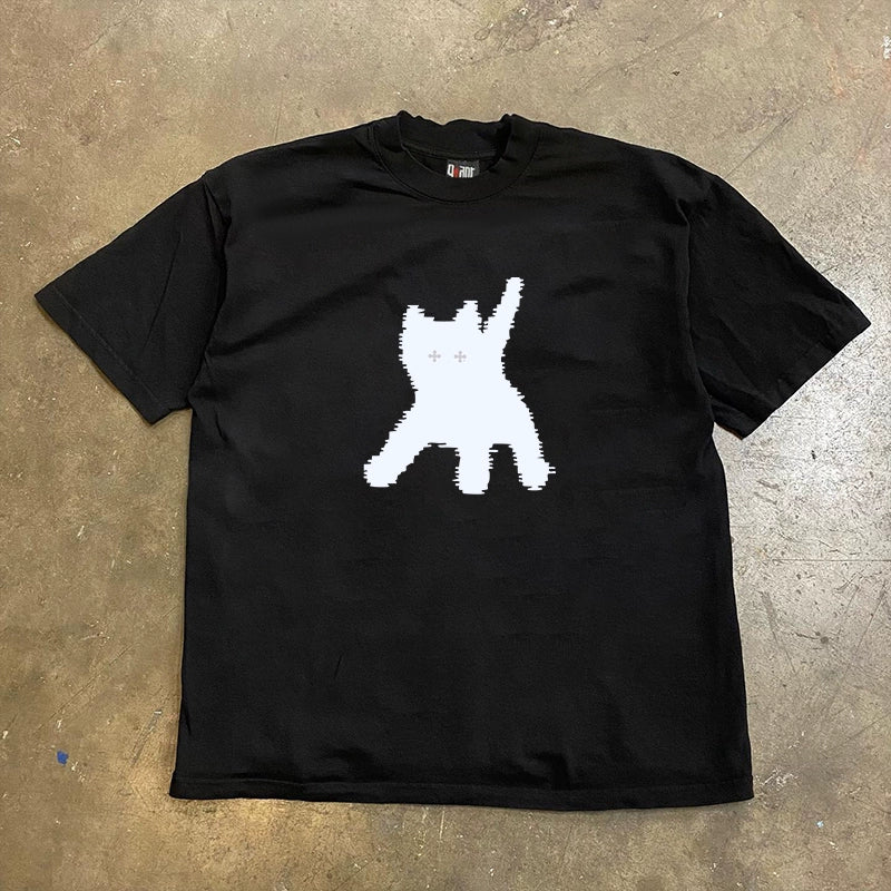 Pixelated Cat Graphic Short Sleeve T-Shirt