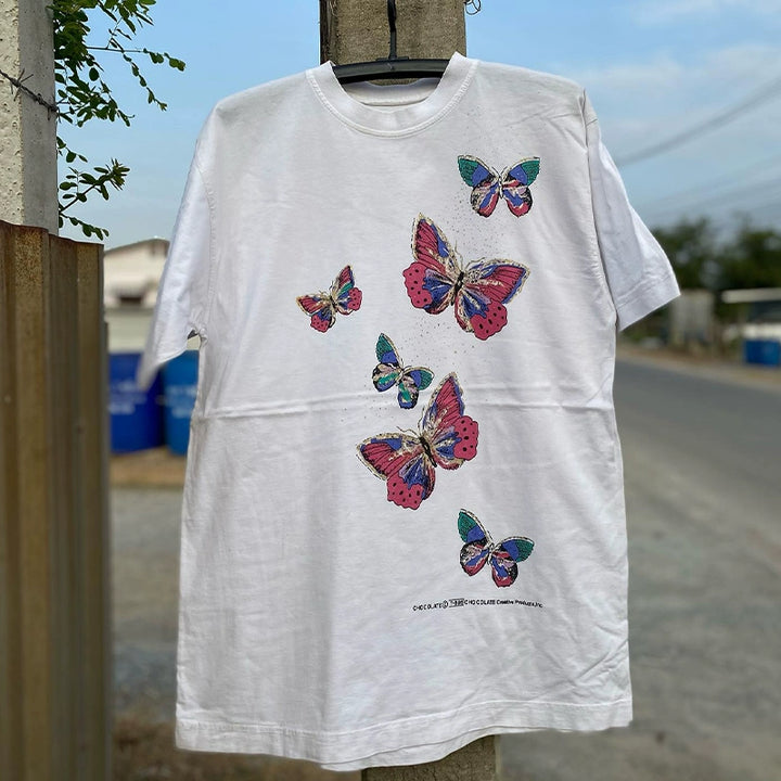 Vintage American Retro Butterfly Print Cotton T-Shirt