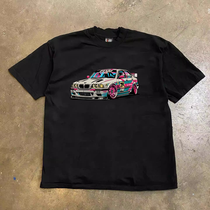 Vintage Street Style Colourful Painted Car Print T-Shirt