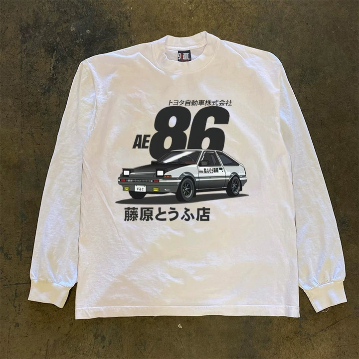 Retro American 86 Car Print Long Sleeve Cotton T-Shirt