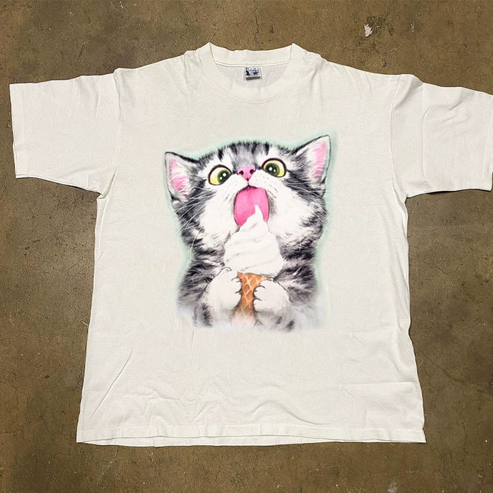 Cute Cat Ice Cream Print T-Shirt in White