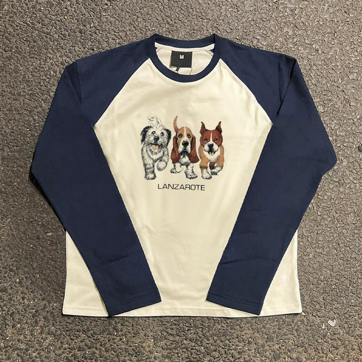 Vintage-Inspired Realistic Dog Graphic Long Sleeve Tee