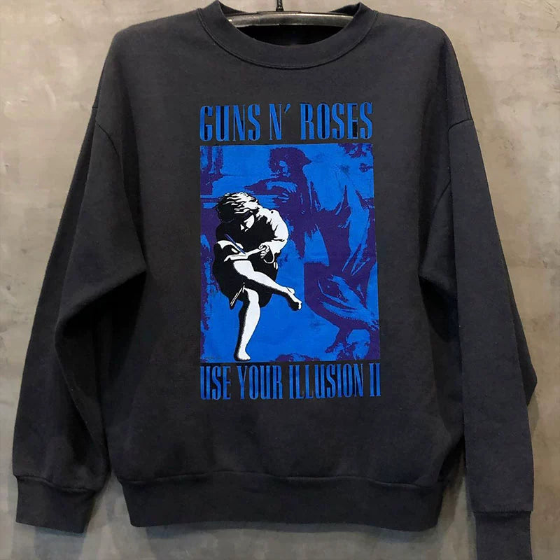 Retro Guns N' Roses Floral Graphic Long-Sleeved Sweater