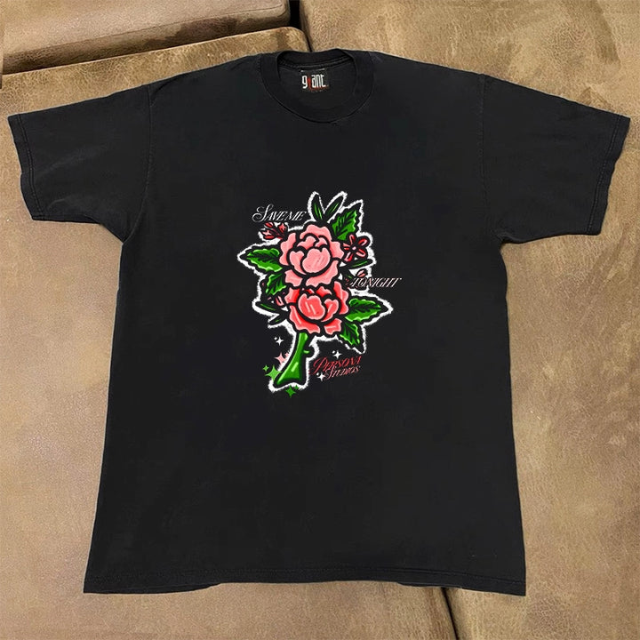 Heavy Impermeable Two Roses Printed Short Sleeve T-Shirt