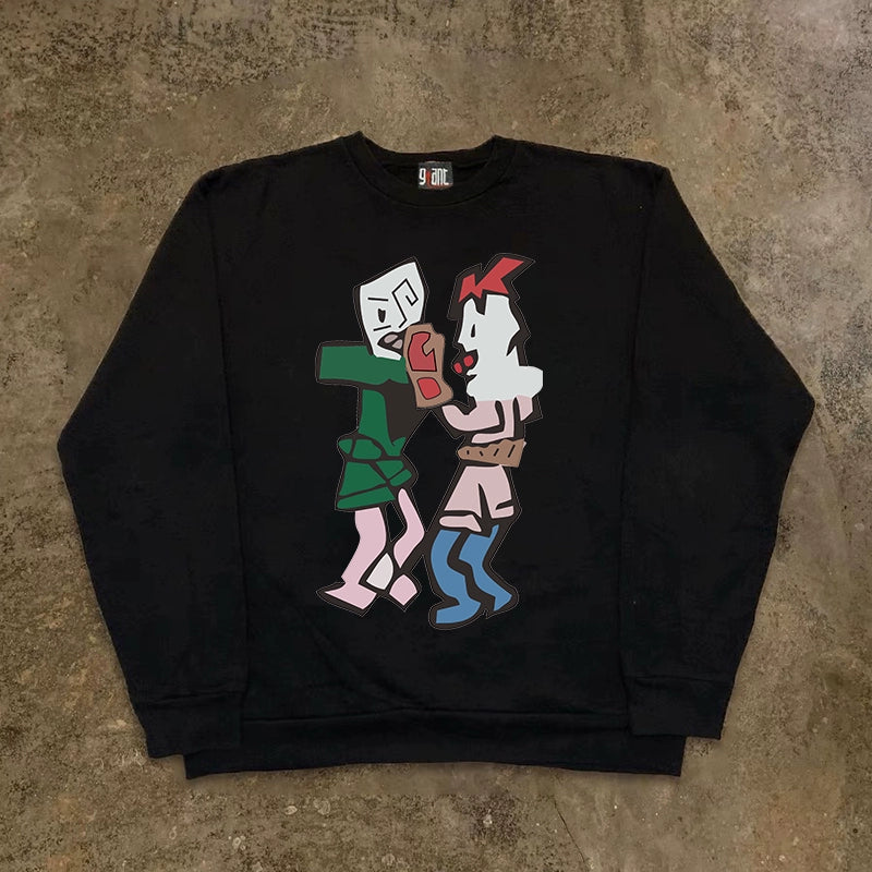 Vintage-Inspired Crewneck Sweatshirt with Unique Prints