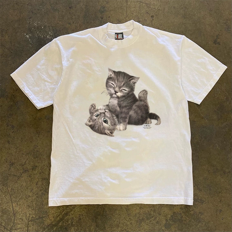 Niche Design Heavy-Duty Cat Print Hong Kong Style Short-Sleeved T-Shirt