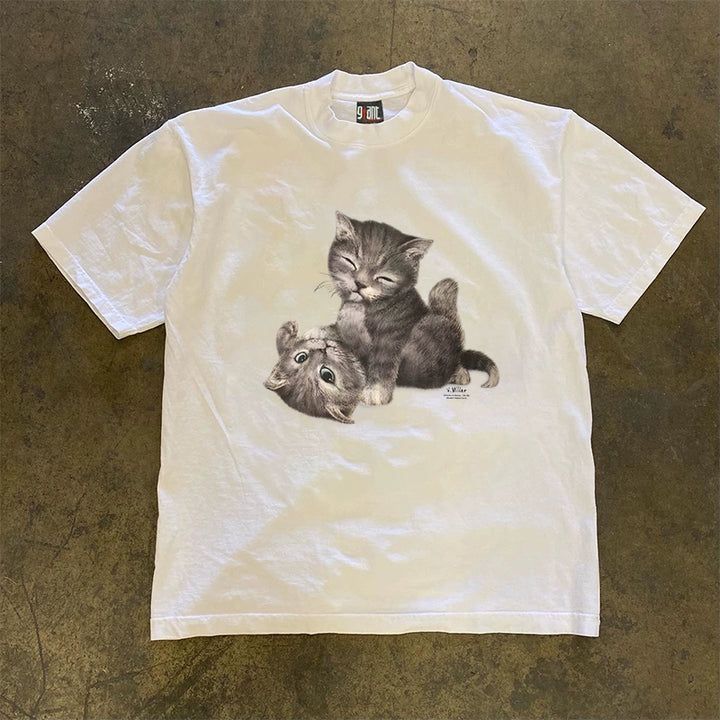 Niche Design Heavy-Duty Cat Print Hong Kong Style Short-Sleeved T-Shirt