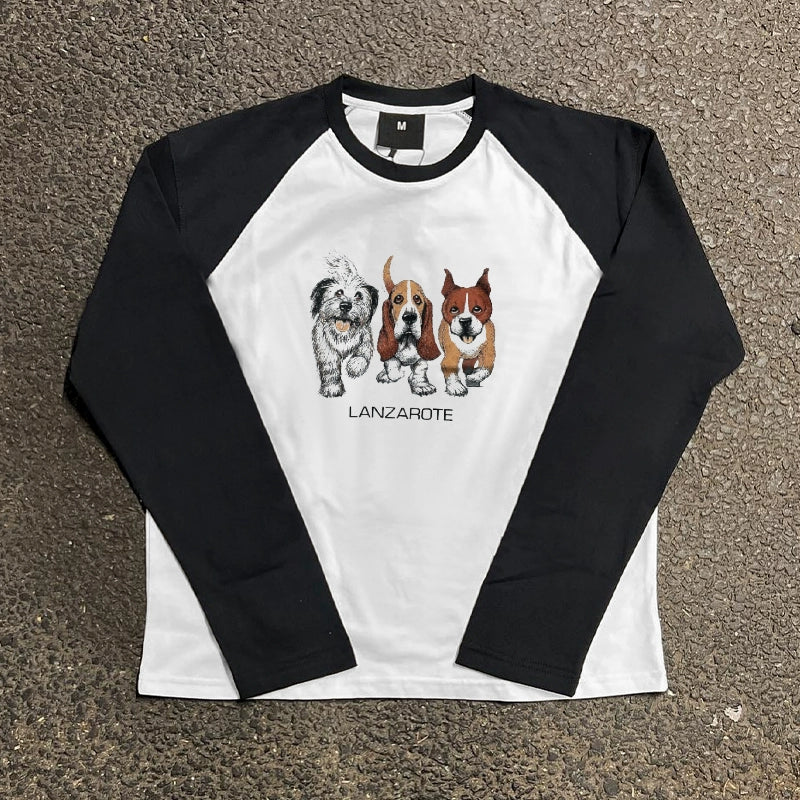 Vintage-Inspired Realistic Dog Graphic Long Sleeve Tee