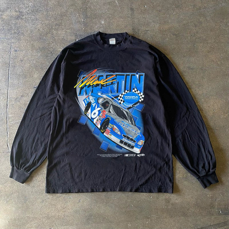 Vintage Racing Poster Graphic Long Sleeve Cotton T-Shirt