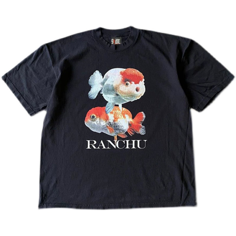 Lanshou Ornamental Fish Harbour Style Graphic Short Sleeve T-Shirt