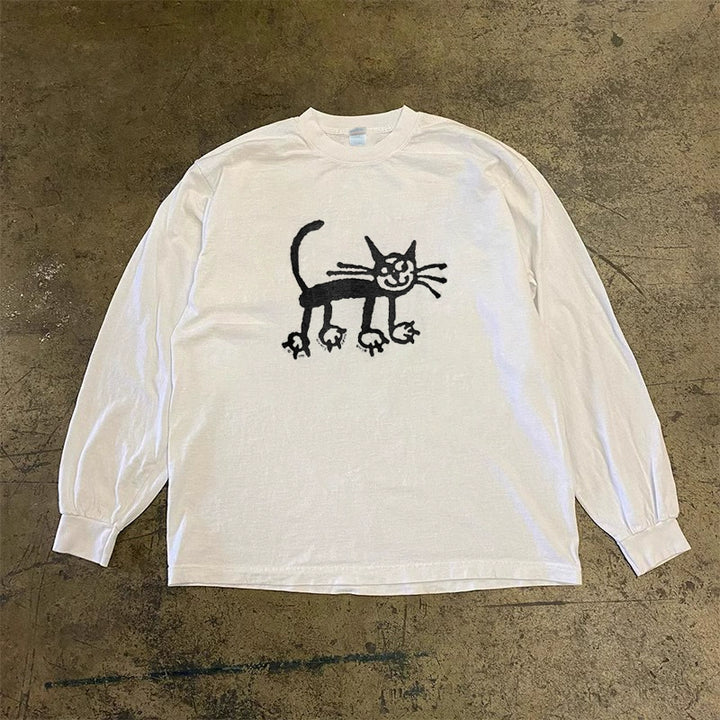 Hand-Drawn Cat Illustration Long Sleeve T-Shirt