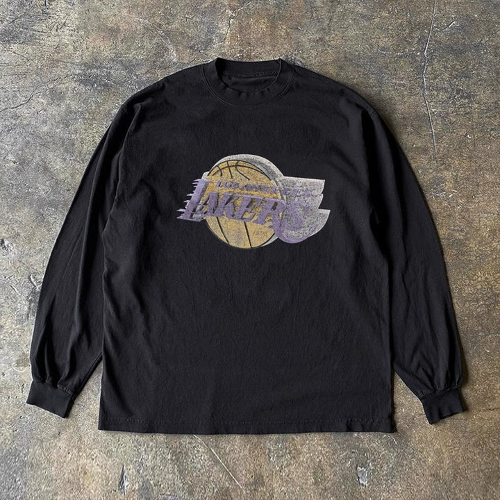 Vintage Lakers Basketball Logo Print Long Sleeve Tee