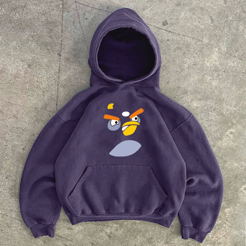 Vintage Angry Birds Fun Print Hooded Sweatshirt