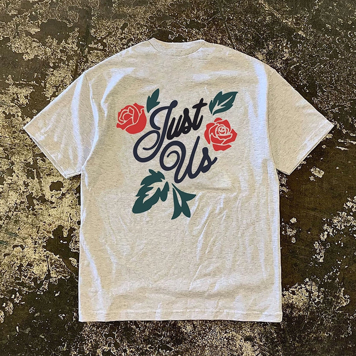 Heavy Rose Floral Graphic T-Shirt with Niche Lettering