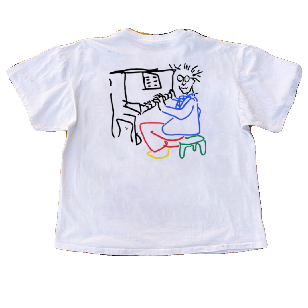 Whimsical Piano Illustration on White Cotton T-Shirt