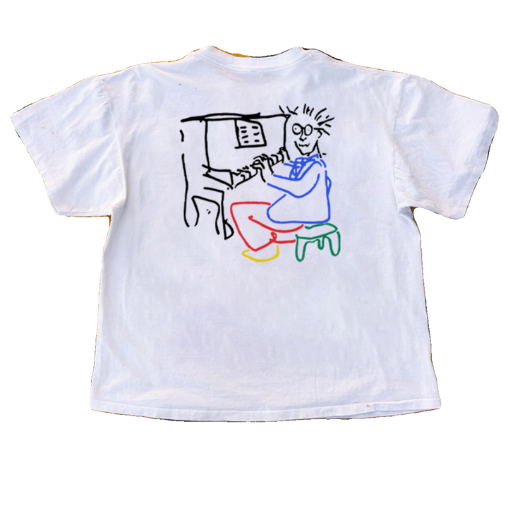 Whimsical Piano Illustration on White Cotton T-Shirt