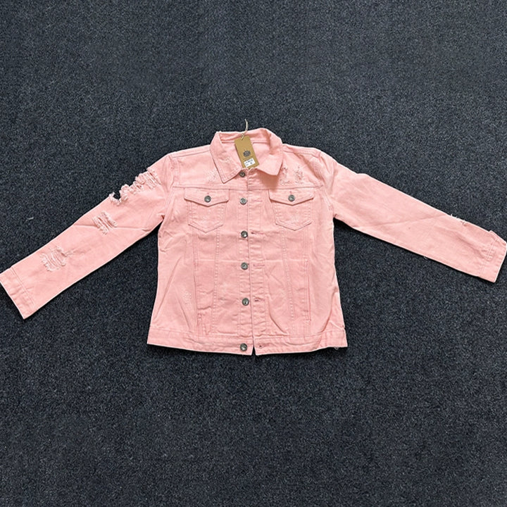 Distressed Vintage Denim Jacket with Unique Pink Overlays