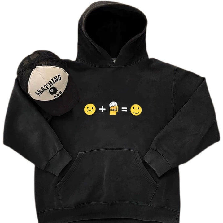 Vintage Hip-Hop Hooded Sweatshirt with Troubling Drinks Theme