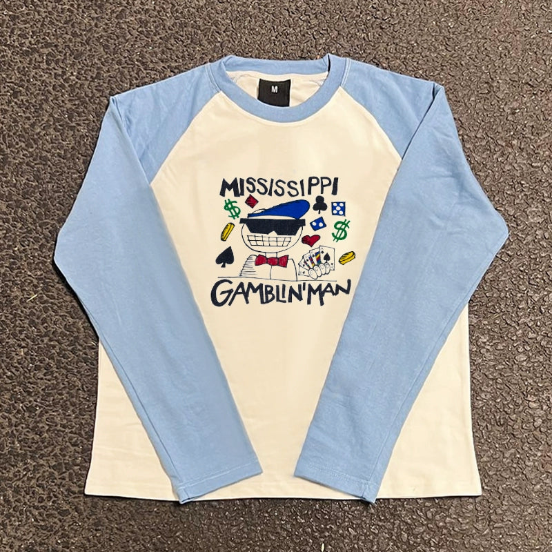 Playful Cartoon Print Colour-Block Long Sleeve T-Shirt