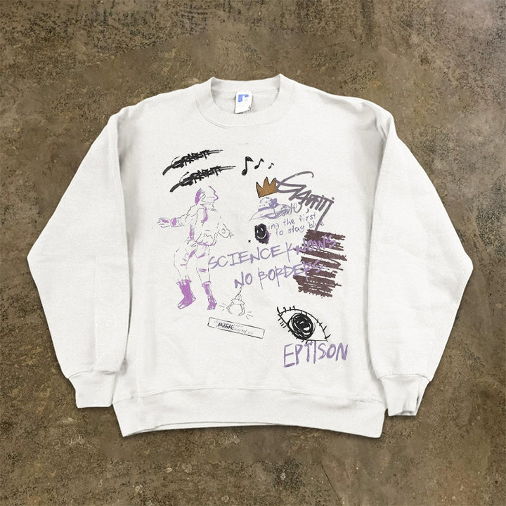 Abstract Vintage Illustration Round Crew Neck Sweatshirt