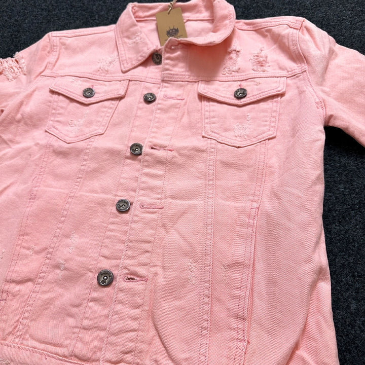 Distressed Vintage Denim Jacket with Unique Pink Overlays