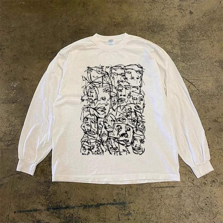 Bold Cotton Graffiti Abstract Character Long Sleeve T-Shirt