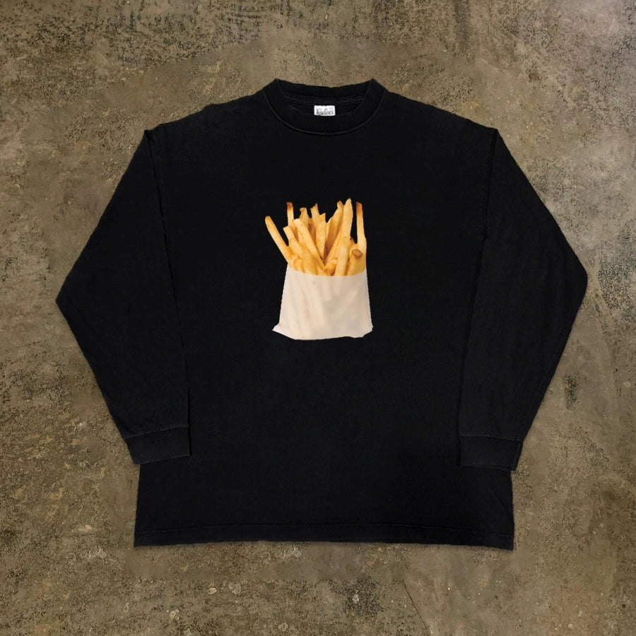 Bold Realistic Fries Print Long Sleeve Tee in Black and White