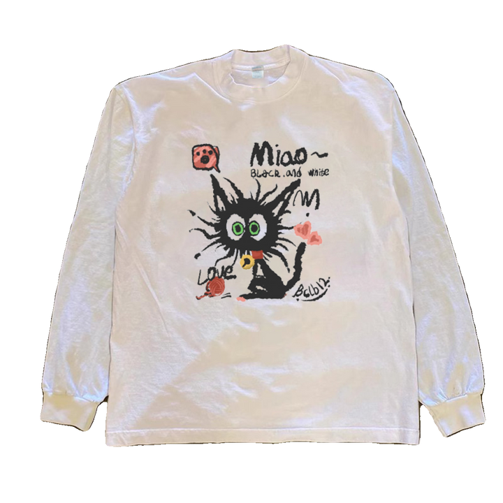 Cat Illustration College Style Long Sleeve Tee